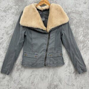 Anthroplogie Marrakech Faux Fur Collar Aviator Moto Jacket Coat Gray